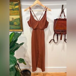 Rust Satin Midi Dress w/ Strappy Back Minimalist Slip Dress